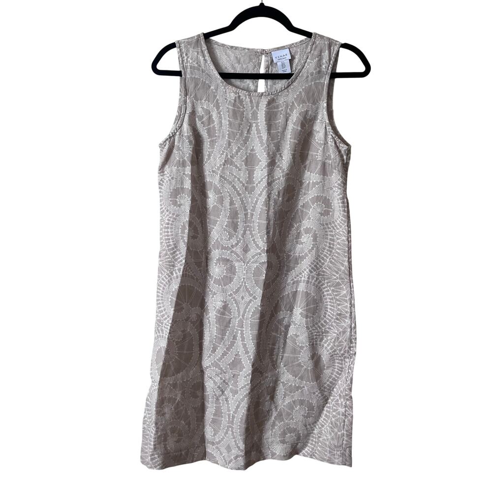 Kenar Linen Beige Paisley Print Sleeveless Dress Women’s Small Earthy Natural